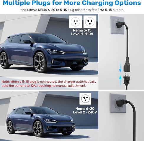 Level 1 &2 EV Charger, Electric EV Charger with 26FT Cable,16Amp, Adjustable Current 12H Smart APP, NEMA 6-20 & NEMA 5-15 Adapter, Carry Bag, Compatible with J1772 Evs in Saudi Arabia
