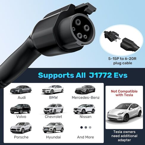 Level 1 &2 EV Charger, Electric EV Charger with 26FT Cable,16Amp, Adjustable Current 12H Smart APP, NEMA 6-20 & NEMA 5-15 Adapter, Carry Bag, Compatible with J1772 Evs in Saudi Arabia
