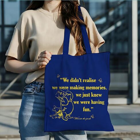 Cute Cartoon Bear Tote Bag, Blue Canvas Handbag, Inspiring Cute Canvas Tote Bag, We Were Making Memories, Reusable, Suitable For Friendship Gifts, Leisure Vacation, Shopping, Work in Saudi Arabia