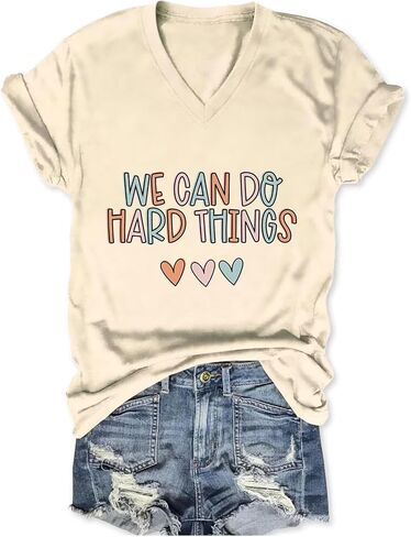 Teacher Shirts Women You Can Do Hard Thing Graphic V Neck T-Shirt Inspirational Teacher Life Tees Short Sleeve Tops in Kuwait