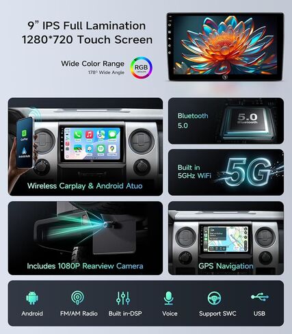 Qualcomm 8core 9inch car Radio Stereo Upgrade for Ford F150 2009 2010 2011 2012 with android12/Touchscreen/wireless carplay/Android auto/5Gwifi/GPS Navigation/Bluetooth/FM/RDS Radio/HD Backup Camera in Kuwait