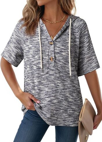 Dokotoo Womens Summer Tops 2026 Short Sleeve Button V Neck Waffle Knit Lightweight Drawstring Hoodies Casual Blouses Shirts in Saudi Arabia