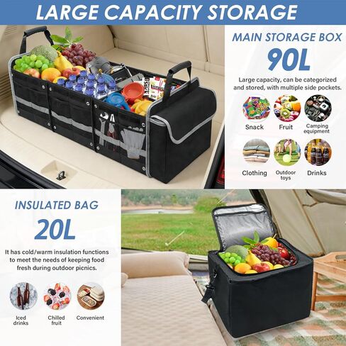 Car Trunk Organizer with Insulated Bag, 3 Compartments Trunk Organizer, 110L Collapsible Trunk Storage Box for SUV Truck Sedan in Saudi Arabia