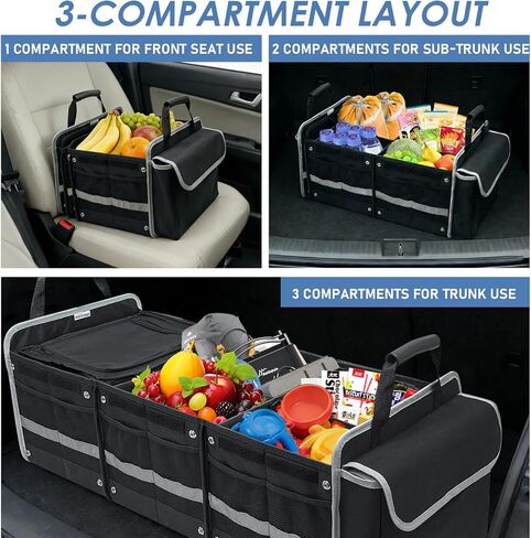 Car Trunk Organizer with Insulated Bag, 3 Compartments Trunk Organizer, 110L Collapsible Trunk Storage Box for SUV Truck Sedan in Saudi Arabia