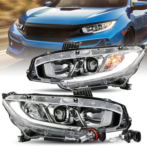 مجموعة المصابيح الأمامية الهالوجين JSBOYAT متوافقة مع 2016-2021 Honda Civic مع مصباح LED DRL لجهاز العرض الأمامي غطاء أسود مع عاكس شفاف in Kuwait