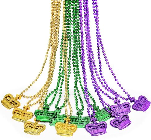 12 قطعة من قلادة خرز ماردي جراس مقاس 83.32 سم - مجموعة قلادات خرز بلاستيكية مستديرة باللون الذهبي والأخضر والأرجواني من أجل رميات ماردي جراس، زي الحفلات، ديكورات عيد القديس باتريك in Kuwait