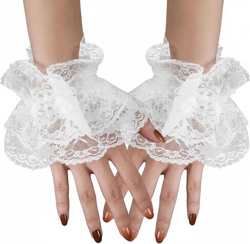 زوج واحد من الأصفاد المكشكشة، قفازات من الدانتيل الأبيض، أصفاد معصم مهرجة، سوار مرن من الدانتيل لحفلات الهالوين وحفلات الزفاف والشاي والنادي الليلي، كم يد مرن، كم يد أبيض للذكرى السنوية in Kuwait
