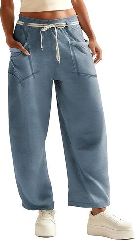Womens Barrel Pants Wide Leg Drawstring Sweatpant Casual Baggy Palazzo Pants with Pockets in Saudi Arabia