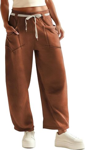 Womens Barrel Pants Wide Leg Drawstring Sweatpant Casual Baggy Palazzo Pants with Pockets in Saudi Arabia