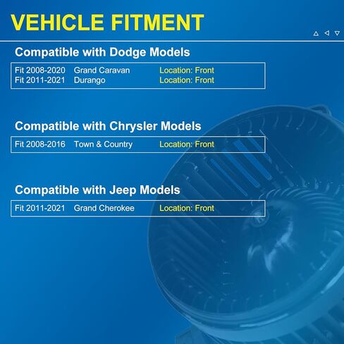 مجموعة محرك منفاخ التيار المتردد الأمامي مع مروحة مناسبة دودج جراند كارافان 2008-2020، دورانجو 2011-2021، كرايسلر تاون آند كانتري 2008-2016، جيب جراند شيروكي 2011-2021، يستبدل 700216، 68029719AB in Kuwait
