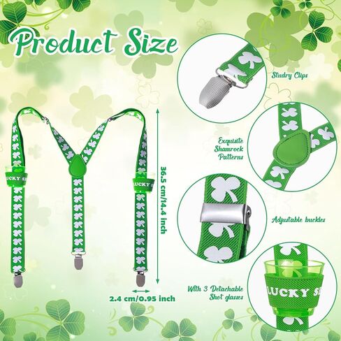 Zeyune 2 Pcs St Patrick's Day Party Costume Green Shamrock Top Hat & Shot Glasses Suspender with Clip Irish Accessories in Saudi Arabia