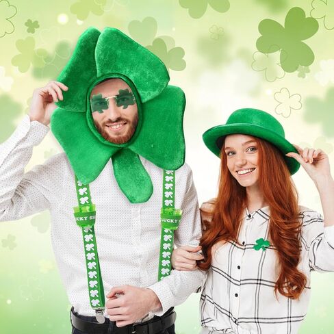 Zeyune 2 Pcs St Patrick's Day Party Costume Green Shamrock Top Hat & Shot Glasses Suspender with Clip Irish Accessories in Saudi Arabia