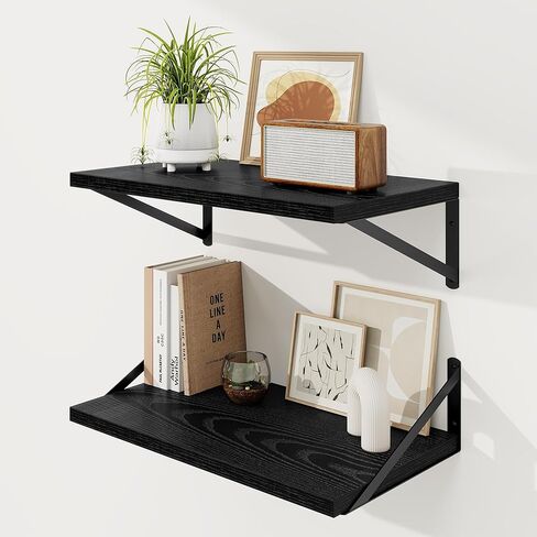 Floating Shelves, 12 Inch Deep Rustic Wood Wall Storage, 16W x 12D Wall Shelves Set of 2, Heavy Duty Metal Brackets, Large Industrial Book Shelf for Living Room, Kitchen, Bedroom, Black in Saudi Arabia