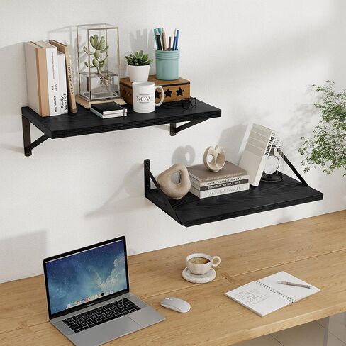Floating Shelves, 12 Inch Deep Rustic Wood Wall Storage, 16W x 12D Wall Shelves Set of 2, Heavy Duty Metal Brackets, Large Industrial Book Shelf for Living Room, Kitchen, Bedroom, Black in Saudi Arabia