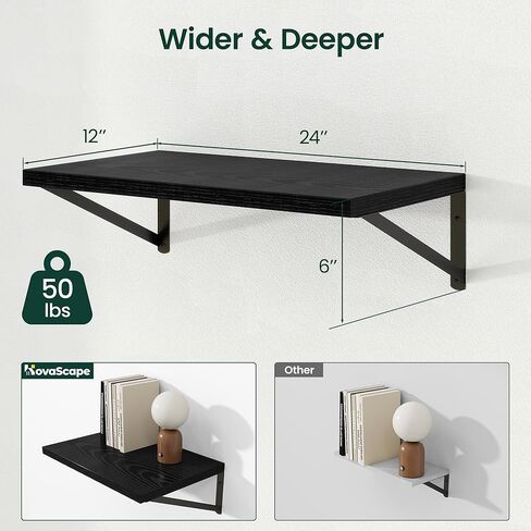 Floating Shelves, 12 Inch Deep Rustic Wood Wall Storage, 16W x 12D Wall Shelves Set of 2, Heavy Duty Metal Brackets, Large Industrial Book Shelf for Living Room, Kitchen, Bedroom, Black in Saudi Arabia