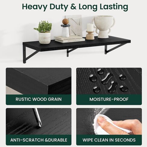Floating Shelves, 12 Inch Deep Rustic Wood Wall Storage, 16W x 12D Wall Shelves Set of 2, Heavy Duty Metal Brackets, Large Industrial Book Shelf for Living Room, Kitchen, Bedroom, Black in Saudi Arabia