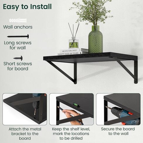 Floating Shelves, 12 Inch Deep Rustic Wood Wall Storage, 16W x 12D Wall Shelves Set of 2, Heavy Duty Metal Brackets, Large Industrial Book Shelf for Living Room, Kitchen, Bedroom, Black in Saudi Arabia