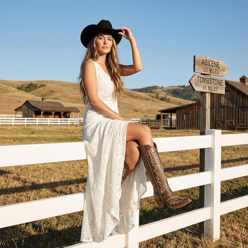 Rollda Cowboy Boots for Women, Knee High Cowgirl Boots, Womens Classic Western Boots Snip Toe, Tall Cowboy Boots Chunky Heel for Ladies Pull On in Kuwait