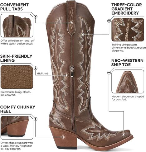 Rollda Cowboy Boots for Women, Knee High Cowgirl Boots, Womens Classic Western Boots Snip Toe, Tall Cowboy Boots Chunky Heel for Ladies Pull On in Kuwait