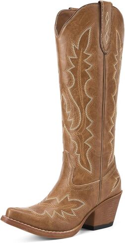 Rollda Cowboy Boots for Women, Knee High Cowgirl Boots, Womens Classic Western Boots Snip Toe, Tall Cowboy Boots Chunky Heel for Ladies Pull On in Kuwait
