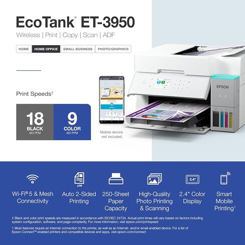 Epson EcoTank ET-3950 Wireless All-in-One Color Supertank Printer with up to 3 Yrs of Ink Refillable Tanks, Perfect for Home Office, 18 PPM, 2.4" Colorful Touchscreen, Auto Feeder (Renewed) in Saudi Arabia