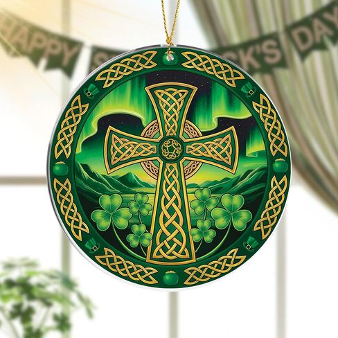 Shamrock Ornament Celtic Cross, Irish Gifts for Women Men, Irish Home Decor, St Patricks Hanging Ornament for Tree & Window, Meaningful Blessing for Family & Friends, St. Patricks Day Accessories in Saudi Arabia