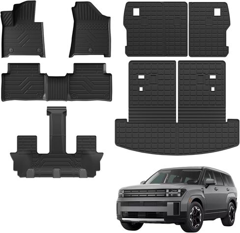 بطانة البضائع متوافقة مع 2024-2026 Hyundai Santa Fe 6&7 Seater Kick Mats Trunk Mat TPE غطاء المقعد الخلفي حامي 2025 Santa Fe Accessories (سجادات ركلة الصف الثاني + حصيرة صندوق السيارة مع حصيرة مسند الظهر) in Kuwait