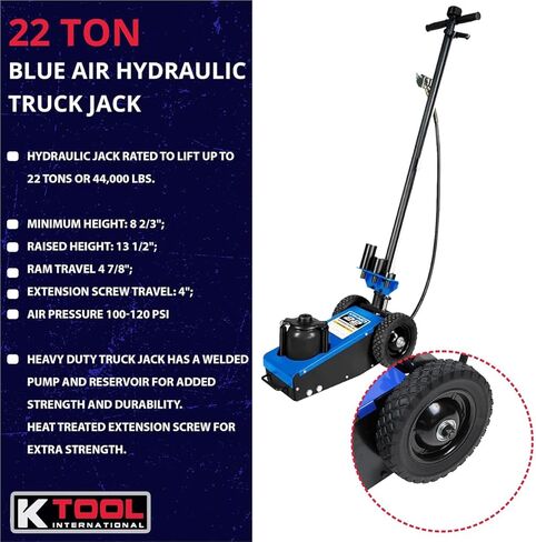 K Tool International 63197 22 Ton Automotive Air Truck Jack for Garages, Repair Shops, and DIY, 44,000 lbs. Capacity, Hydraulic Lift Range 8.67"- 13.5", RAM Wiper Seal, 100-120 PSI, Welded Pump, Blue in Saudi Arabia