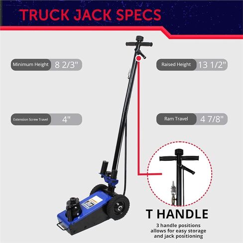 K Tool International 63197 22 Ton Automotive Air Truck Jack for Garages, Repair Shops, and DIY, 44,000 lbs. Capacity, Hydraulic Lift Range 8.67"- 13.5", RAM Wiper Seal, 100-120 PSI, Welded Pump, Blue in Saudi Arabia