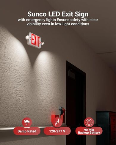 Sunco 12 حزمة علامة خروج LED مع أضواء الطوارئ، أحمر، مصباحان صغيران قابلان للتعديل، 94V-0 مقاومة للحريق، بطارية احتياطية، 2.3W 6000K Daylight Deluxe، 200 Lumens 120-277V، حامل على الحائط أو السقف UL in Kuwait