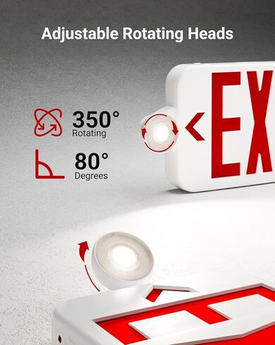 Sunco 12 حزمة علامة خروج LED مع أضواء الطوارئ، أحمر، مصباحان صغيران قابلان للتعديل، 94V-0 مقاومة للحريق، بطارية احتياطية، 2.3W 6000K Daylight Deluxe، 200 Lumens 120-277V، حامل على الحائط أو السقف UL in Saudi Arabia