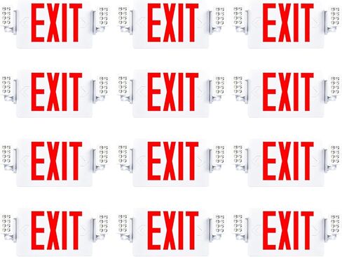 Sunco 12 حزمة علامات خروج مع مصابيح الطوارئ، مصباحان LED قابلان للتعديل مع بطارية احتياطية، أحمر، 94V-0 مقاومة للحريق، 120-277 فولت، حامل على الحائط أو السقف، درجة تجارية UL. in Kuwait