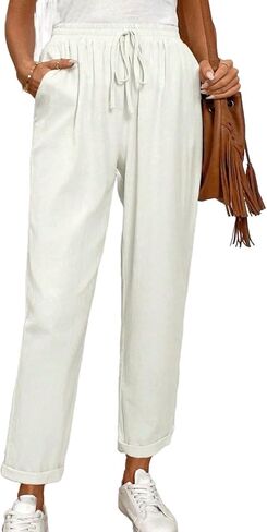 Linen Pants for Women 2026 Flowy Palazzo Drawstring Elastic Waist Trousers with Pockets Summer Beach Vacation Clothes in Saudi Arabia