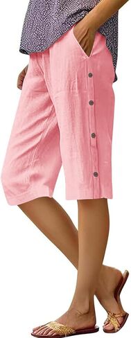 Linen Bermuda Shorts for Women Casual Knee Length Bermuda Shorts with Hollow Side Summer Beach Lightweight Capri Pants in Saudi Arabia