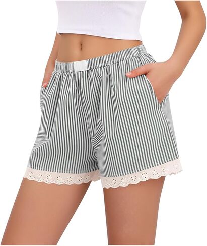 شورت صيفي للنساء شورت مخطط من الدانتيل سروال قصير غير رسمي فضفاض بخصر مطاطي دانتيل بوهو للشاطئ قصير in Saudi Arabia