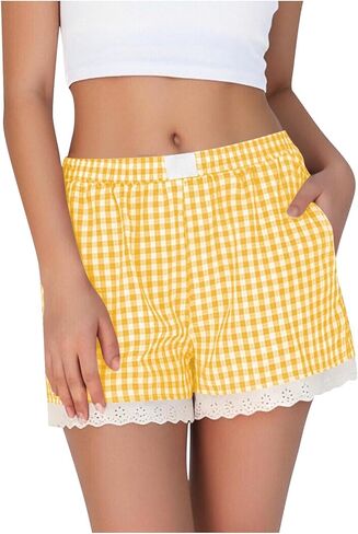 شورت صيفي للنساء شورت مخطط من الدانتيل سروال قصير غير رسمي فضفاض بخصر مطاطي دانتيل بوهو للشاطئ قصير in Kuwait