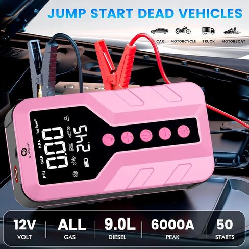 6000A Peak Jump Starter with Air Compressor - Portable Car Battery Booster for All Gas and 9.0L Diesel Engines, 150PSI Tire Inflator, LED Light, Type-C Light Pink in Kuwait