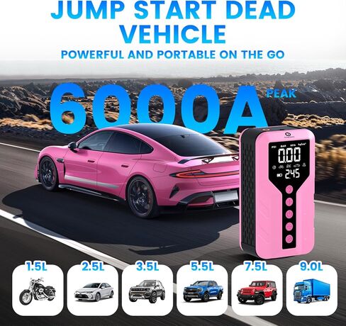 6000A Peak Jump Starter with Air Compressor - Portable Car Battery Booster for All Gas and 9.0L Diesel Engines, 150PSI Tire Inflator, LED Light, Type-C Light Pink in Kuwait