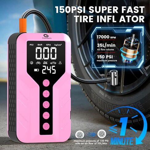 6000A Peak Jump Starter with Air Compressor - Portable Car Battery Booster for All Gas and 9.0L Diesel Engines, 150PSI Tire Inflator, LED Light, Type-C Light Pink in Kuwait