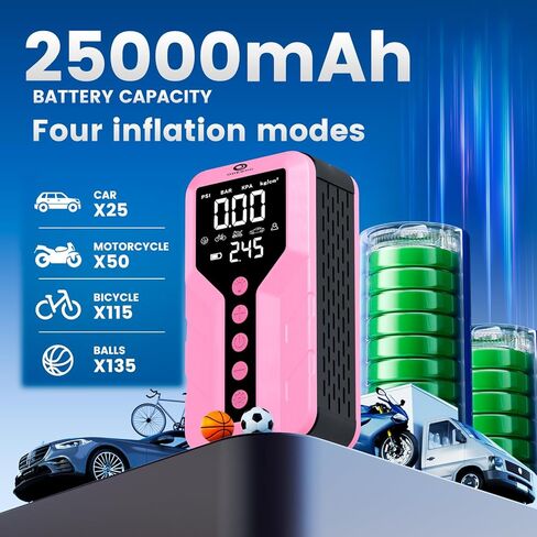 6000A Peak Jump Starter with Air Compressor - Portable Car Battery Booster for All Gas and 9.0L Diesel Engines, 150PSI Tire Inflator, LED Light, Type-C Light Pink in Kuwait