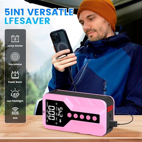 6000A Peak Jump Starter with Air Compressor - Portable Car Battery Booster for All Gas and 9.0L Diesel Engines, 150PSI Tire Inflator, LED Light, Type-C Light Pink in Kuwait