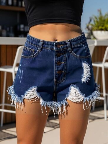Women’s Low-Waisted Distressed Denim Shorts Ruffled Fringe Hem with Button Front for Summer Wear Casual Outings Beach Trips in Saudi Arabia