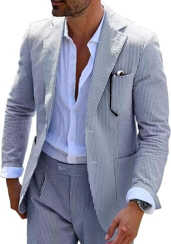 Seersucker Slim Suits for Men Formal Casul Summer Beach Wedding Grooms 2 Piece Blazer Pants Party Striped Suit Sets in Saudi Arabia
