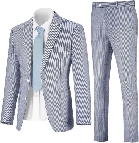 Seersucker Slim Suits for Men Formal Casul Summer Beach Wedding Grooms 2 Piece Blazer Pants Party Striped Suit Sets in Saudi Arabia