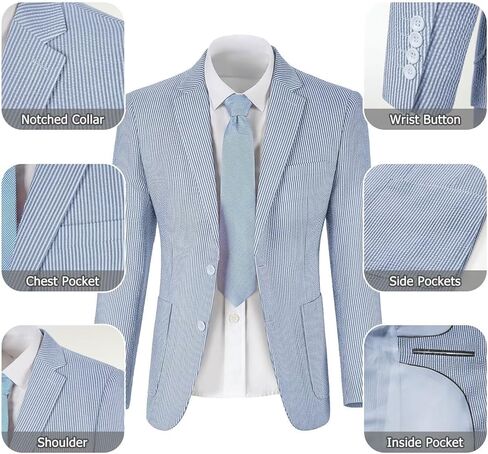 Seersucker Slim Suits for Men Formal Casul Summer Beach Wedding Grooms 2 Piece Blazer Pants Party Striped Suit Sets in Saudi Arabia