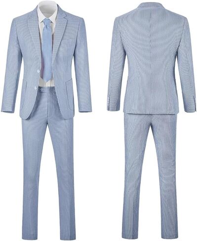Seersucker Slim Suits for Men Formal Casul Summer Beach Wedding Grooms 2 Piece Blazer Pants Party Striped Suit Sets in Saudi Arabia