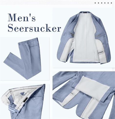 Seersucker Slim Suits for Men Formal Casul Summer Beach Wedding Grooms 2 Piece Blazer Pants Party Striped Suit Sets in Saudi Arabia