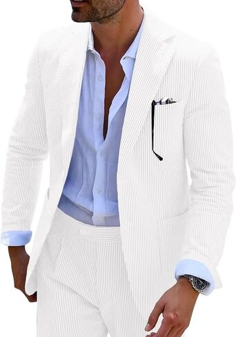 Seersucker Slim Suits for Men Formal Casul Summer Beach Wedding Grooms 2 Piece Blazer Pants Party Striped Suit Sets in Saudi Arabia