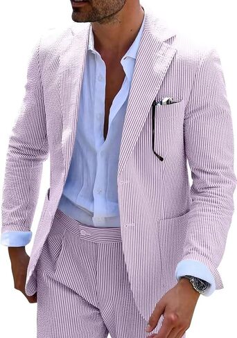 Seersucker Slim Suits for Men Formal Casul Summer Beach Wedding Grooms 2 Piece Blazer Pants Party Striped Suit Sets in Saudi Arabia