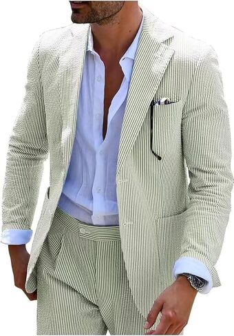 Seersucker Slim Suits for Men Formal Casul Summer Beach Wedding Grooms 2 Piece Blazer Pants Party Striped Suit Sets in Saudi Arabia